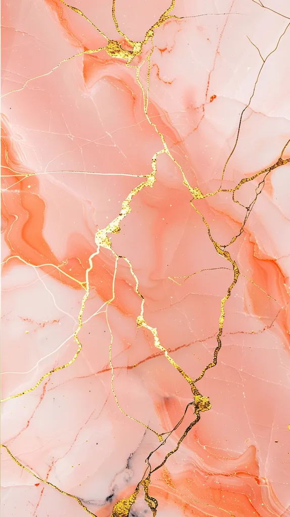 The image is a close-up of a pink and white marble surface with gold veins. The marble is a light pink color with white veins that run through it in a web-like pattern. The gold veins are thin and delicate, and they add a touch of luxury to the image. The overall effect is one of beauty and elegance.