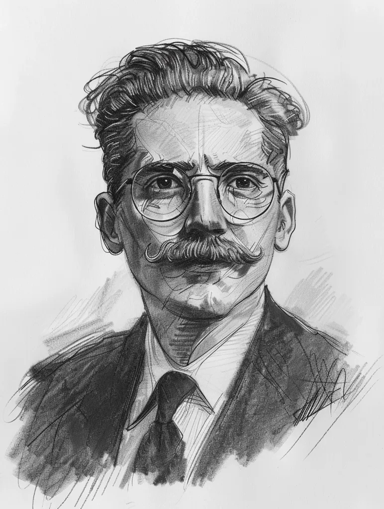 The portrait is of a man with short dark hair, a mustache, and glasses. He is wearing a dark suit and tie. The background is white. The man's expression is serious. He looks like he is in his early 40s. The drawing is finely detailed and captures the man's likeness well.