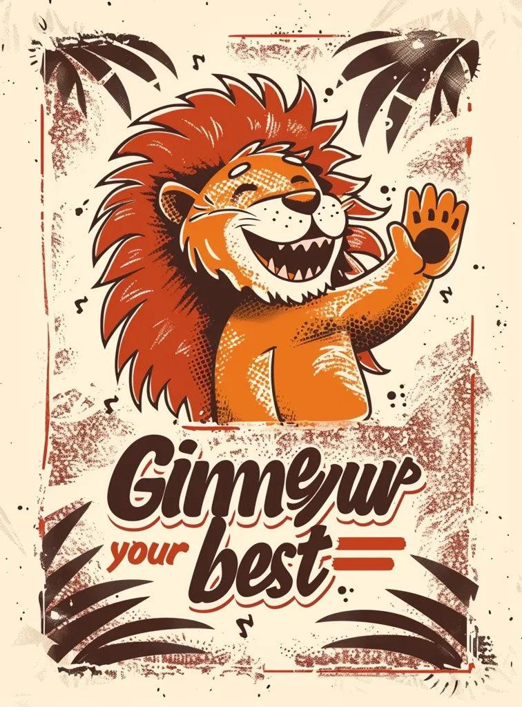 The image is a cartoon of a lion with its paw raised in the air. The lion has a big smile on its face and is surrounded by palm leaves. The background is a light brown color, and the words "Gimme your best" are written in the foreground. The image is drawn in a retro style, and the colors are bright and vibrant.