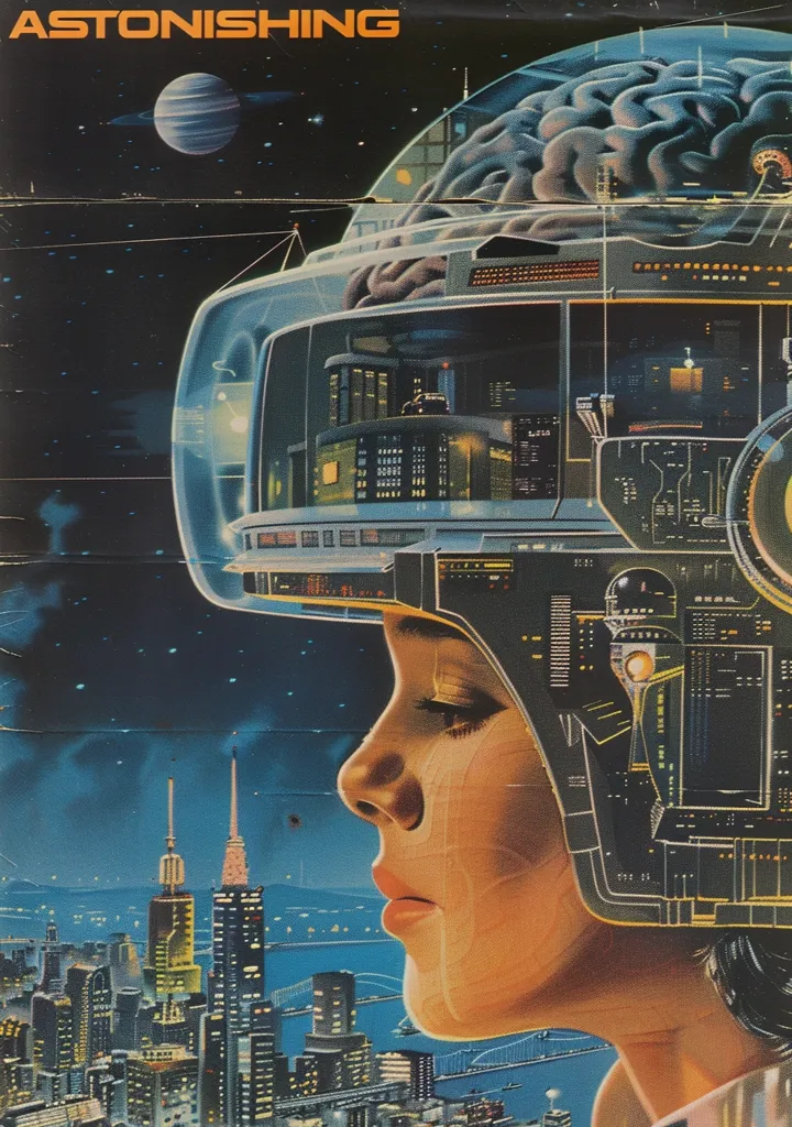 The image is a retro futurism illustration of a woman wearing a helmet with a city inside it. The city is depicted as a glowing orange and yellow metropolis with skyscrapers and a river running through it. The woman's face is serene, and her eyes are closed. She is wearing a spacesuit with a clear bubble helmet. The background is a dark blue sky filled with stars and a crescent moon. The image evokes a sense of wonder and excitement about the future.