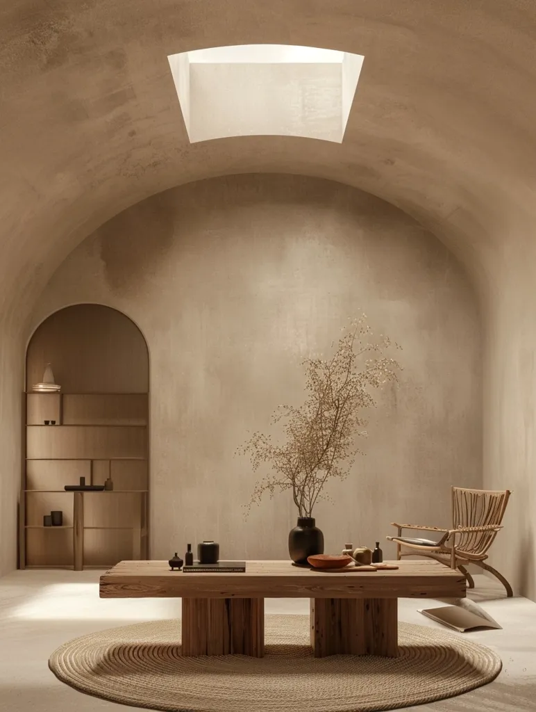 The image is a living room with a high ceiling. The room is decorated in a minimalist style with neutral colors. There is a large arched window that lets in natural light. The room is furnished with a few pieces of furniture, including a sofa, a coffee table, and a chair. There is also a large rug on the floor. The room is decorated with a few pieces of art, including a painting and a sculpture.