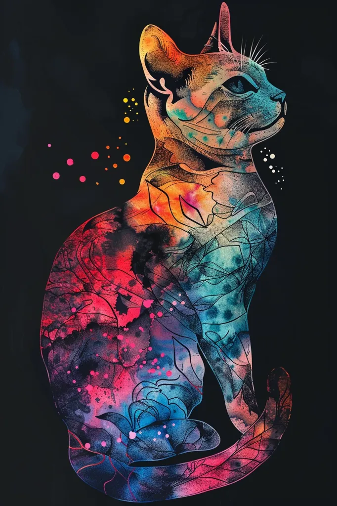 The image is a watercolor painting of a cat. The cat is sitting with its tail curled around its feet. The fur is a rainbow of colors, with blues, greens, pinks, and yellows. The background is black, which makes the cat stand out. The painting has a modern and abstract feel to it.
