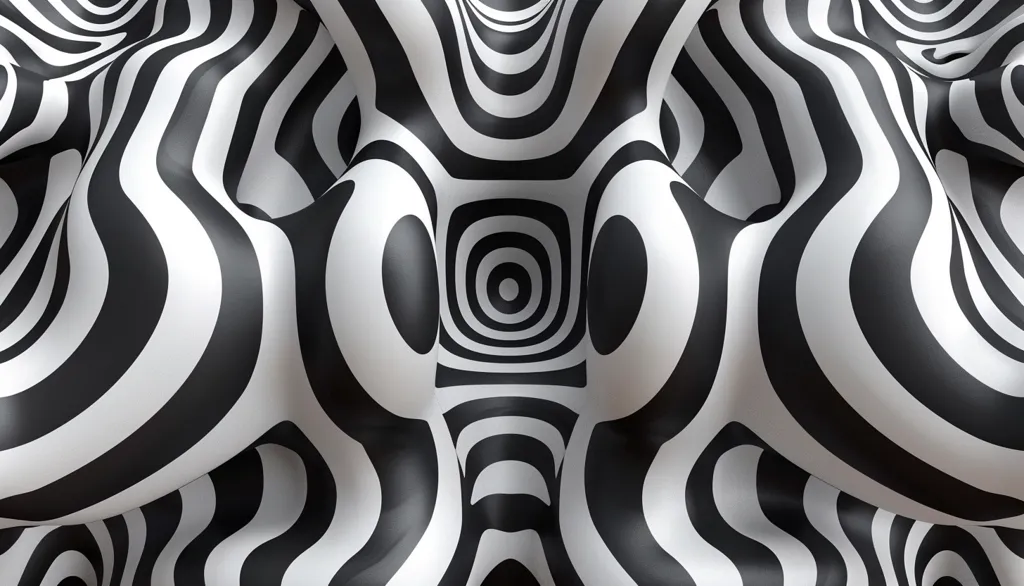 The image is a black and white striped pattern. The stripes are curved and appear to be flowing in a liquid-like manner. The image has a hypnotic and mesmerizing effect.