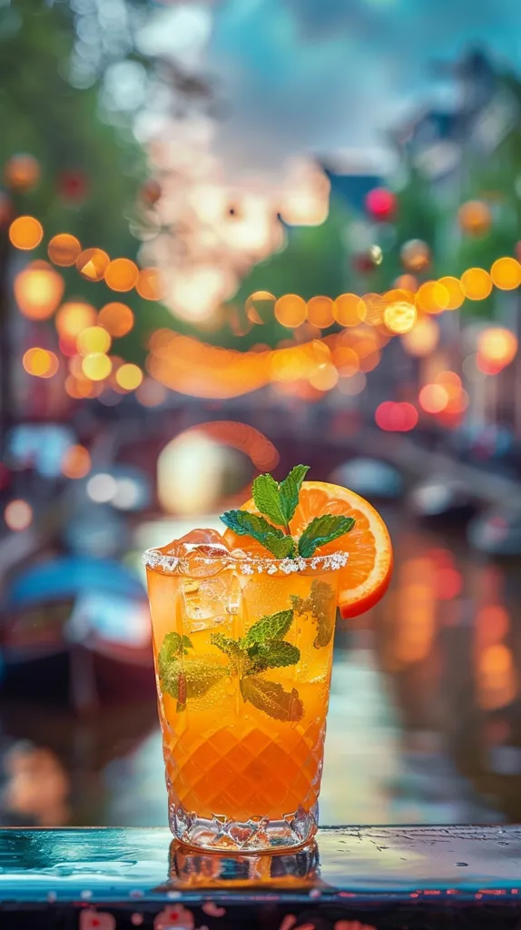 In the foreground, there is a glass of orange juice with a slice of orange and some mint leaves on the rim. The glass is sitting on a railing with a blurred background of a city at night. The lights from the city are reflected in the water, creating a beautiful and vibrant scene.