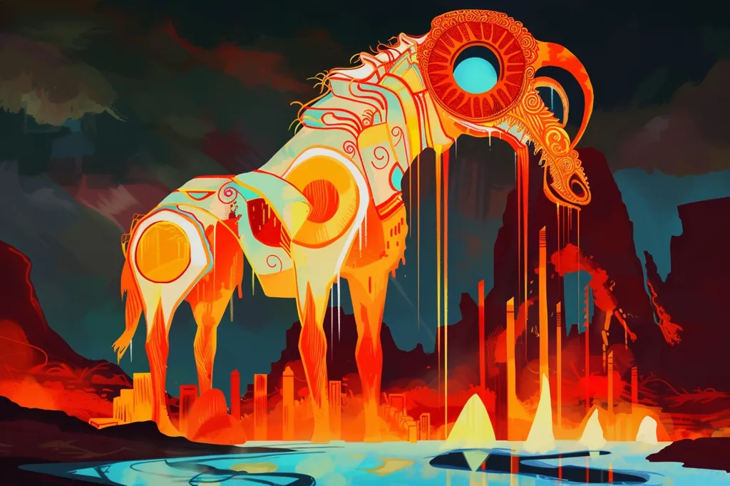 The image is a surreal and psychedelic landscape. A large, horned creature stands in the center of the image, its body made of swirling orange and yellow colors. The creature is surrounded by a strange, alien landscape with large, glowing crystals and plants. The image is full of vibrant colors and has a dreamlike quality.