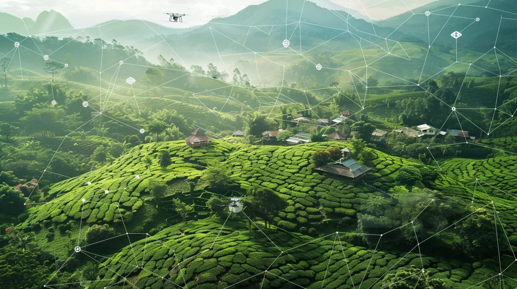 The image shows a lush green landscape with rolling hills and tea plantations. There are several houses and a drone flying in the sky. The image is overlaid with a network of lines and dots, representing a digital connection. It could represent the Internet of Things (IoT), a network of physical devices connected to the Internet and able to collect and exchange data.