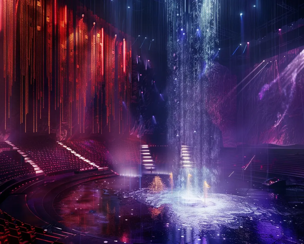 The image is a scene from a water show. The stage is set with a large pool of water in the center, surrounded by tiered seating. There are several waterfalls at the back of the stage. The water is illuminated by colorful lights, creating a beautiful and mesmerizing scene.