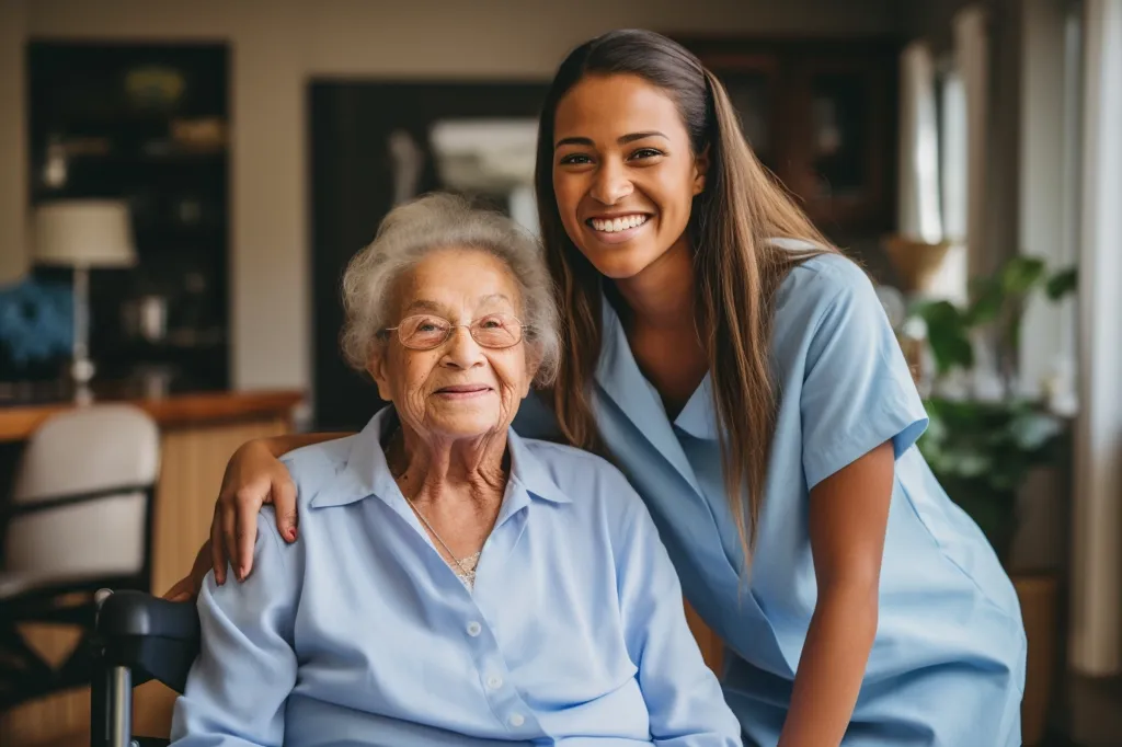 The photo shows a young woman with long, dark hair. She is wearing a blue smock. She has her arm around an elderly woman who is sitting in a wheelchair. The elderly woman has short, gray hair and is wearing a blue blouse. She has a smile on her face. They are both looking at the camera. The background is blurred.