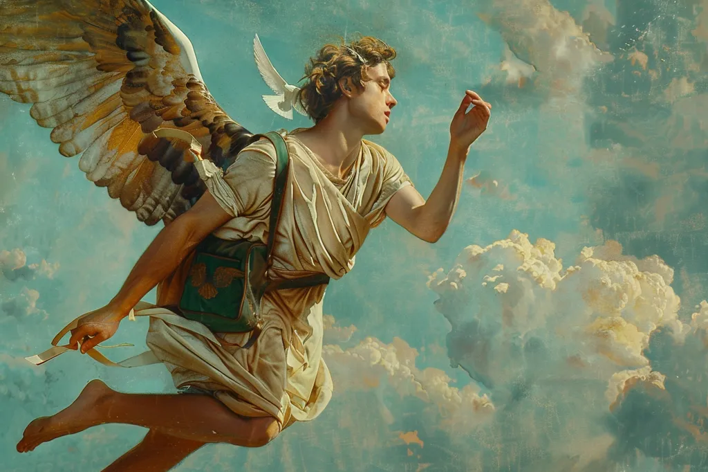 An illustration of a winged messenger. He has a letter in his left hand and a dove perches on his right hand. He is looking up and to the right, perhaps at the dove. He has curly brown hair and is wearing a white tunic. He is flying in a cloudy sky.