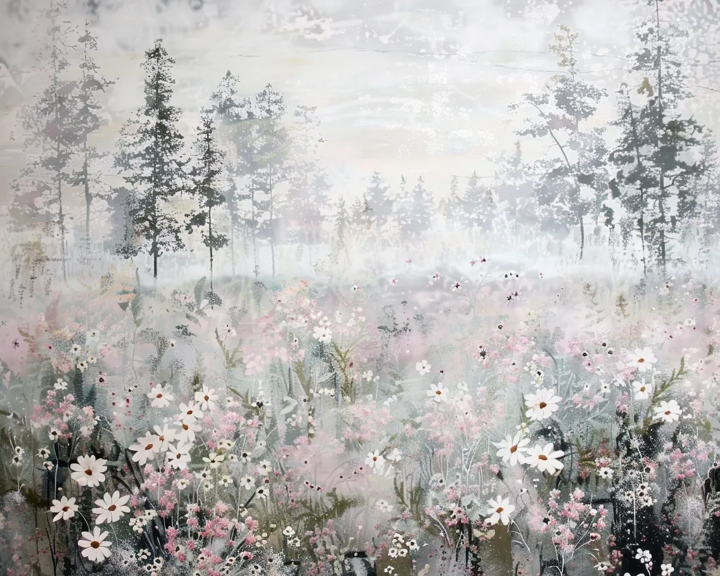 The painting is of a field of flowers in a forest. The flowers are mostly white and pink, with some green foliage. The trees are tall and green, and the forest is dense. The ground is covered in flowers and grass. The painting has a soft, dreamy quality, and it seems to capture the beauty of nature.