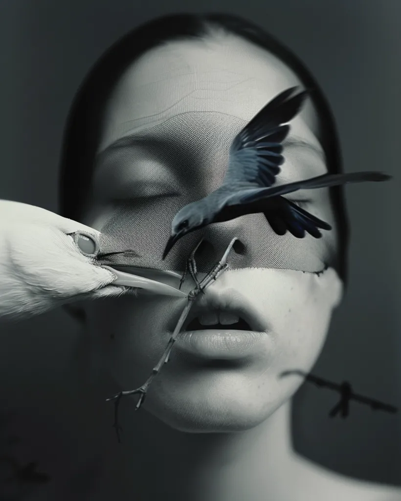 The image is in black and white. A woman with a dark veil over her head is at the center of it. The veil covers her eyes and mouth. A bird is perched on her right shoulder, and another bird is flying towards her left cheek. The image is both beautiful and eerie. It seems like the woman is trapped and the birds are trying to free her.