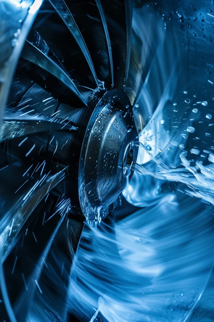 The image shows a close-up of a turbine blade being cleaned with a high-pressure water jet. The water jet is directed at the blade from a nozzle, and the water is forced through the small holes in the blade. The water jet removes any dirt or debris that may be on the blade, and it also helps to cool the blade. The turbine blade is made of metal, and it is important to keep it clean and cool in order to ensure that it operates properly.