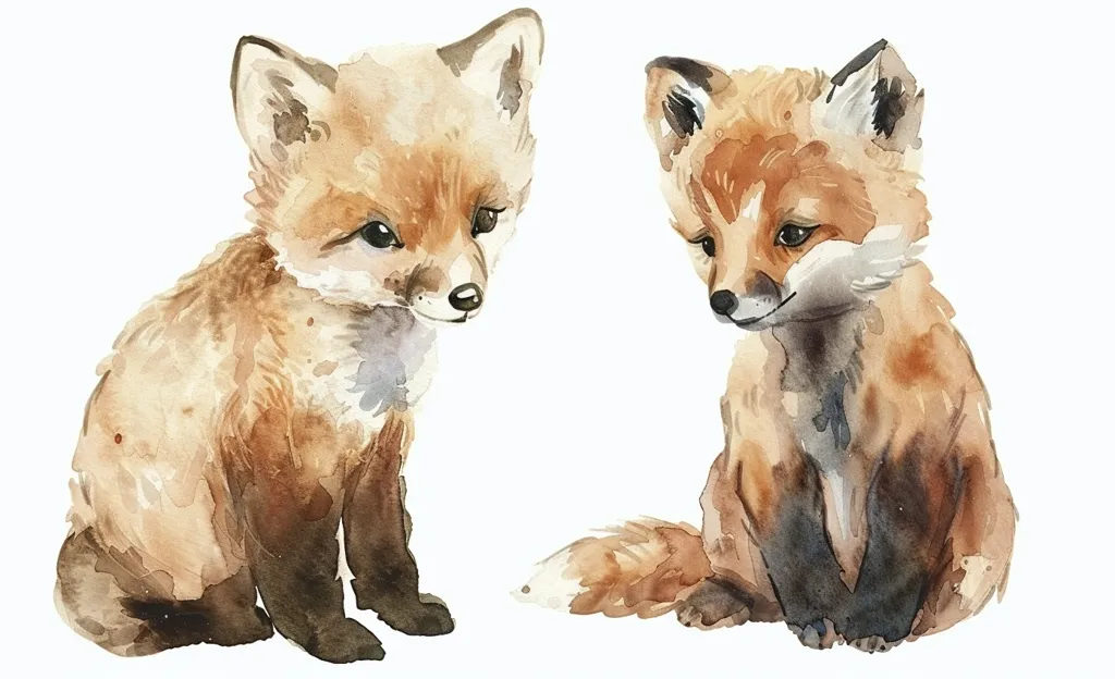 The image shows two cute watercolor baby foxes. They both have big eyes and fluffy tails. The one on the left is sitting down, while the one on the right is sitting up. They are both looking at the viewer with their heads tilted to the side. The background is white.