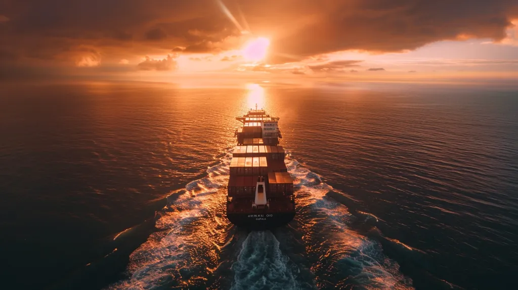 The image shows a large container ship sailing in the ocean. The ship is moving towards the viewer. The sun is setting behind the ship, casting a long shadow across the water. The sky is orange and the water is dark blue. The ship is lit up by the sun. The image is taken from a high angle, which gives the viewer a sense of the ship's size and power.