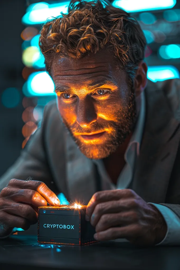 A man is looking at a glowing box. The box is black and has the word "CRYPTOBOX" written on it. The man's face is illuminated by the light from the box. He looks excited. There are blue lights in the background.