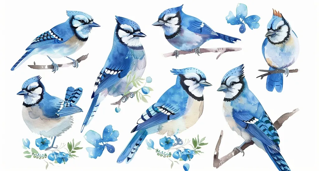 A watercolor painting of blue jays. The painting features seven blue jays in different poses, perched on branches or surrounded by flowers. The birds are painted in a realistic style, with fine detail and shading. The painting has a soft, muted color palette, with the blue jays standing out against the white background. The painting is a beautiful and lifelike depiction of these iconic birds.