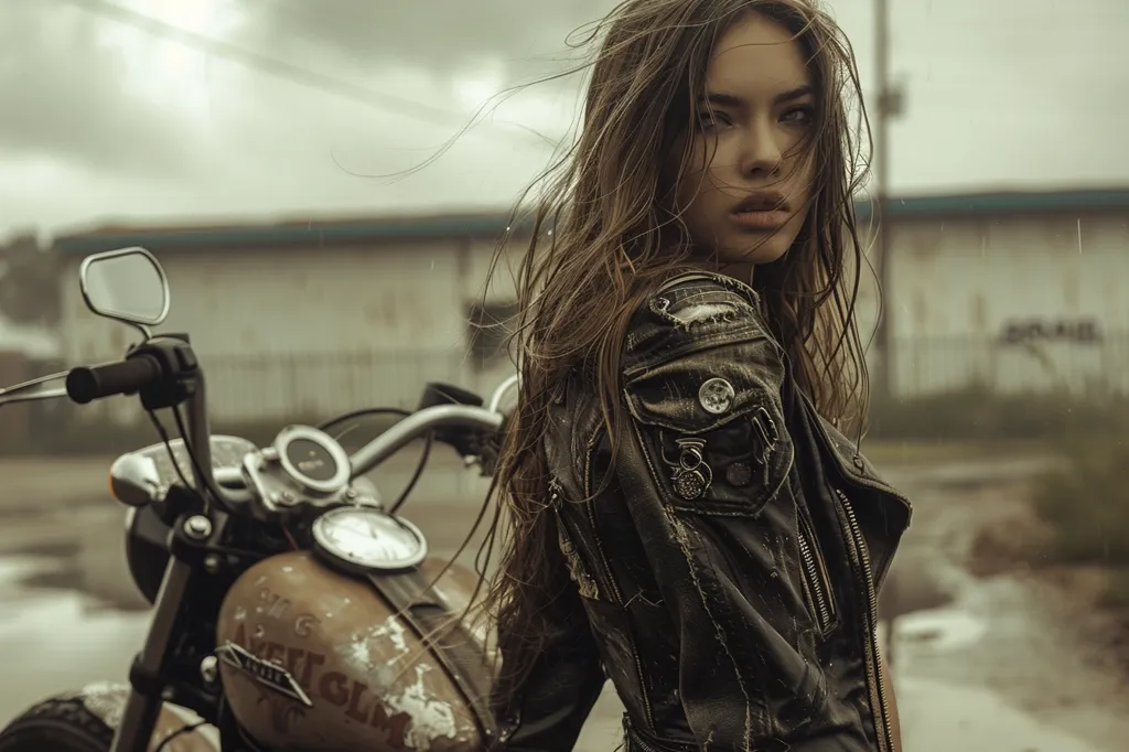 A young woman is sitting on a motorcycle. She is wearing a black leather jacket and has long, wet hair. The woman is looking at the camera with a serious expression. The motorcycle is parked in a parking lot, and there are buildings in the background. The image is in muted colors, and the overall tone is one of mystery and intrigue.