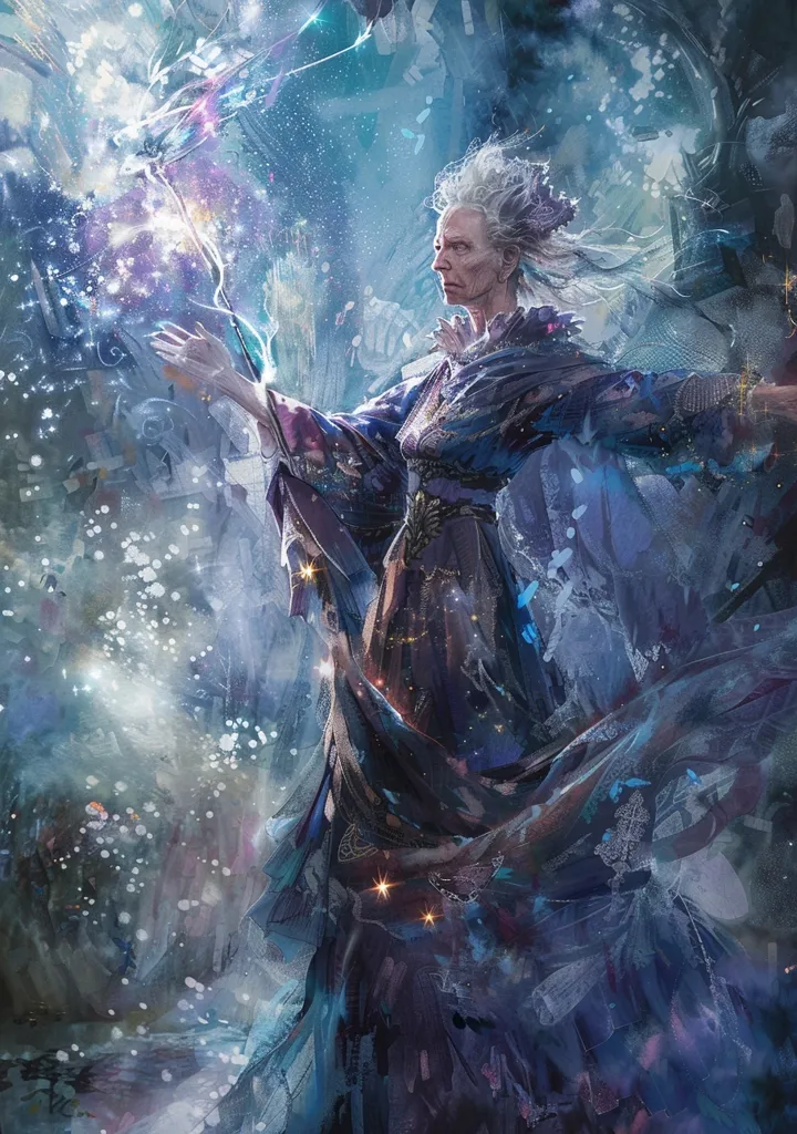 The image is of a winter goddess. She is tall and slender, with long white hair and blue eyes. She is wearing a blue dress with a white cloak. She is standing in a snowy forest, and she is surrounded by snowflakes. She is holding a staff in her right hand, and she is pointing it at something off-screen.