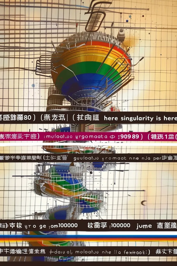 The image is a colorful and abstract painting. It features a large, rainbow-colored sphere in the center, surrounded by a number of smaller, geometric shapes. The painting has a very futuristic and technological feel to it, and it seems to be depicting some kind of advanced alien technology.