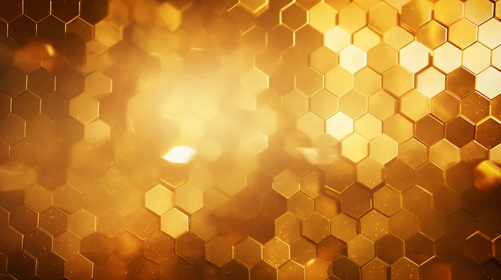 The image is a close-up of a honeycomb. The hexagons are made of a shiny gold-colored metal. The honeycomb is lit from the left side of the image, which creates a warm glow. The image is very detailed and the hexagons are perfectly aligned.
