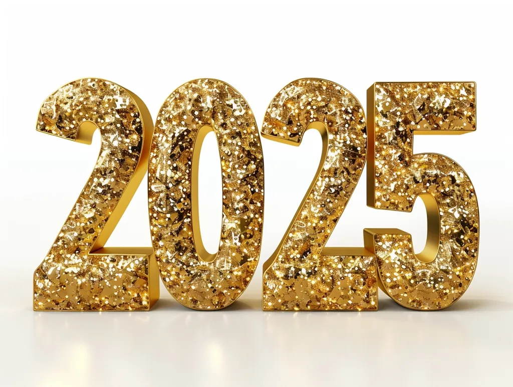 The image is of the year 2025 written in gold. The numbers are three-dimensional and appear to be made of gold glitter. They are set against a white background. The image is likely to be used to celebrate the new year.