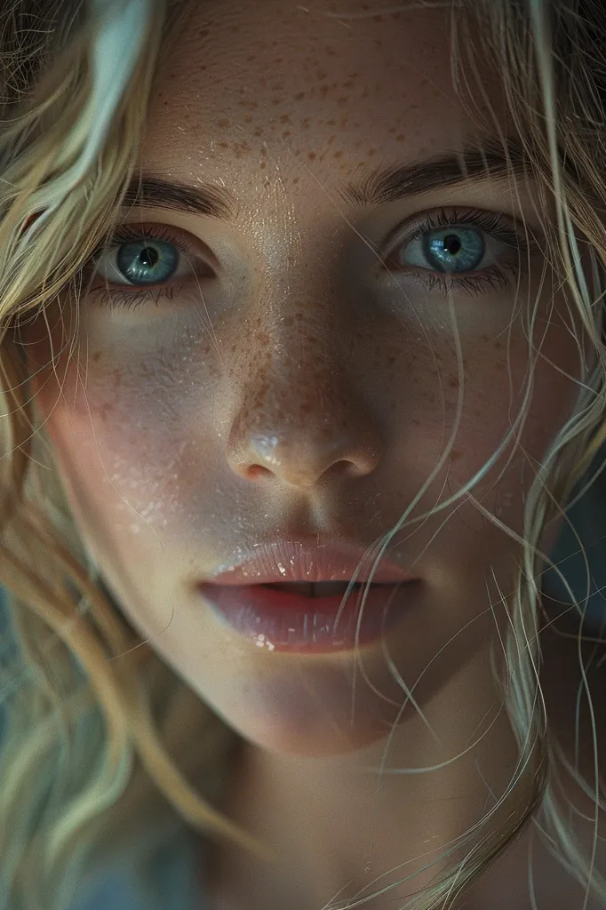 The image is a portrait of a beautiful young woman. She has pale skin, freckles, and bright blue eyes. Her hair is long and wavy, and she is wearing a light shade of lipstick. The background is out of focus, and the woman's face is the main focus of the image. The image is very realistic, and the woman's skin looks soft and smooth. The image is also very well-lit, and the woman's face is evenly illuminated.