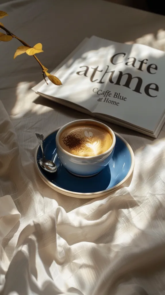The image is of a cup of coffee on a saucer. The cup is blue and the saucer is white. The coffee is topped with foam and there is a spoon in the cup. There is a book behind the cup. The book is white and has the words "Cafe At Home" on the cover. The image is taken from a high angle and the background is blurred.