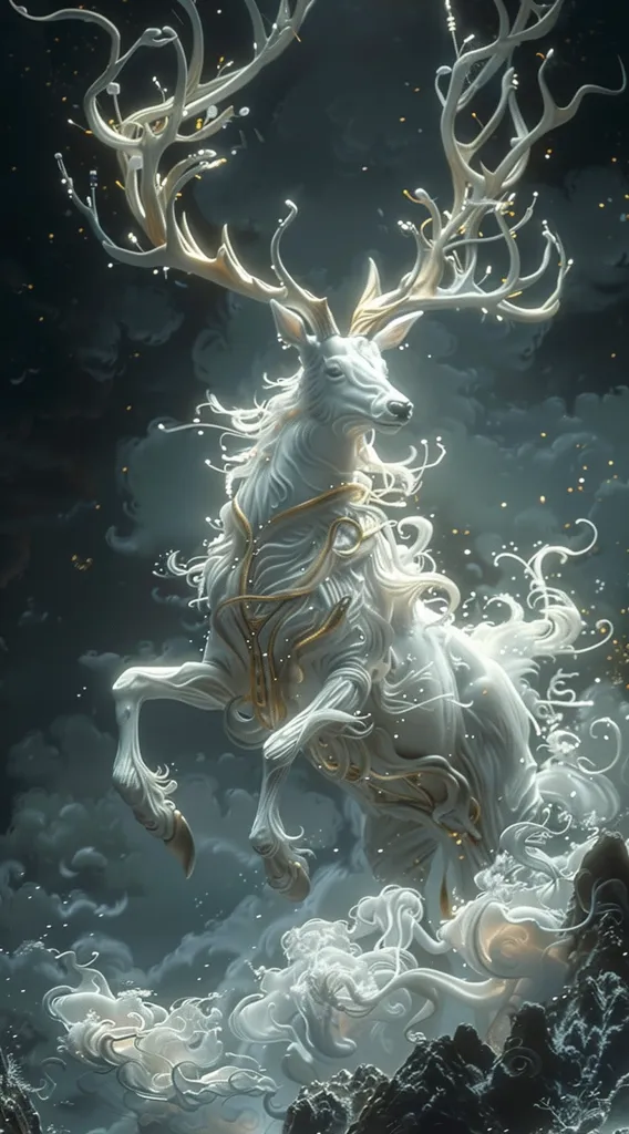 The image is a ethereal depiction of a white deer like creature with antlers. The antlers are made of branches and the creature is surrounded by a white mist. The background is dark blue with a hint of light blue. The creature is standing on a dark grey rock.