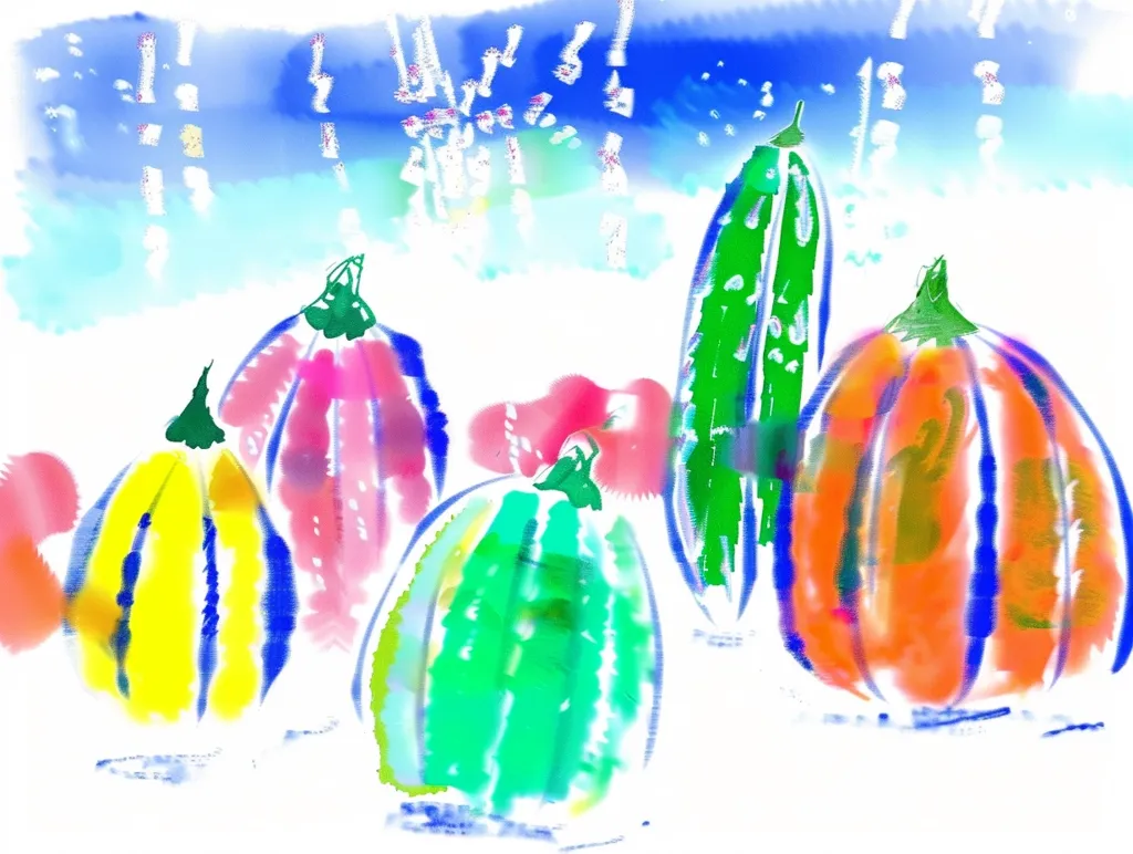The painting is of a group of pumpkins and gourds in a field. The background is a wash of light blue, with some darker blue lines to indicate rain. The pumpkins and gourds are painted in various colors, including green, yellow, orange, and pink. The painting has a loose, sketchy style, and the artist has used a variety of brushstrokes to create the different textures of the pumpkins and gourds.