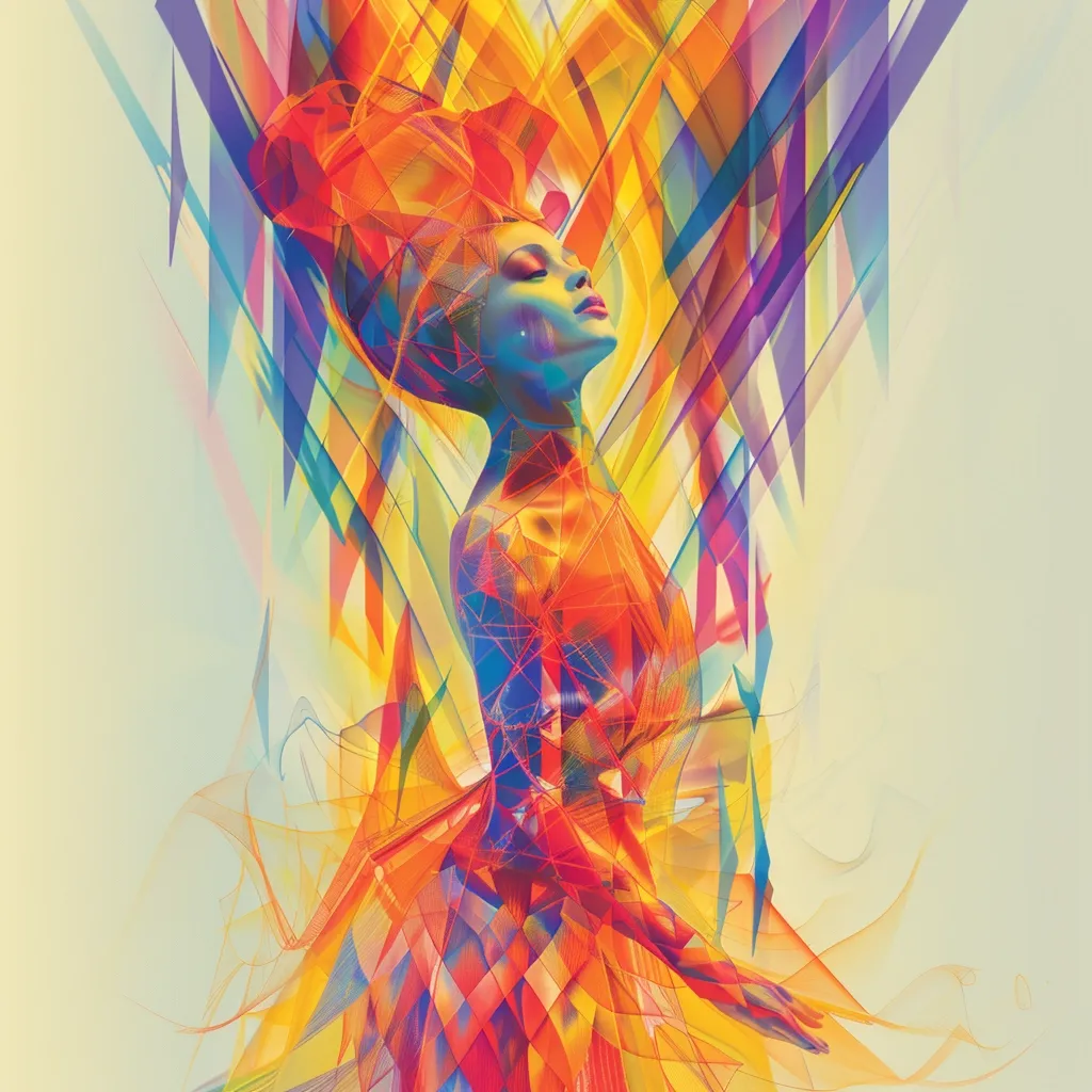 This is a picture of a woman, with bright, almost neon colors. She seems to be wearing some sort of headdress, and there are a lot of geometric shapes surrounding her. The colors are very vibrant and almost seem to be glowing. The woman's eyes are closed and she has a serene expression on her face. The overall effect of the image is one of beauty and tranquility.