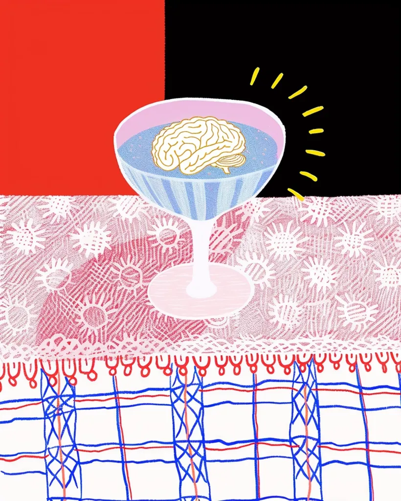 This is a surreal illustration of a martini glass with a brain floating inside of it. The glass is sitting on a red and white checkered tablecloth. The background is divided into three colors, red, black, and yellow. The brain is pink and grey.