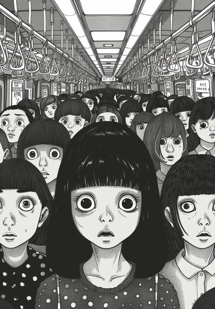 The image is in black and white. It shows a crowded train car with people standing close together. The people are all wearing the same clothes. They have large eyes and mouths and look scared. The image is creepy and unsettling.