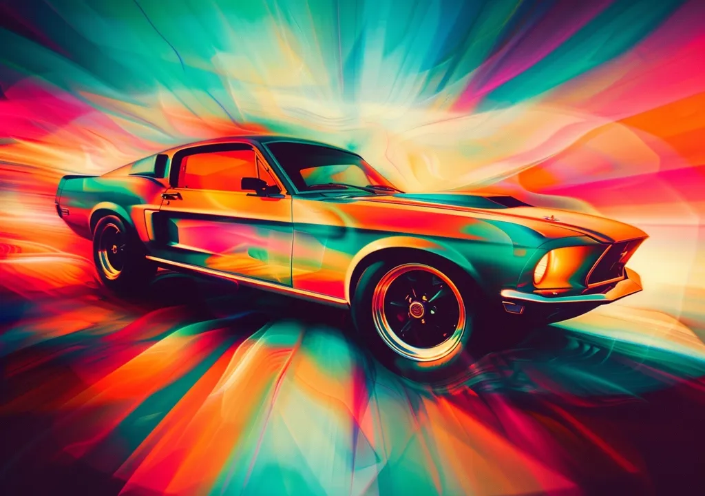 This is a painting of a classic Ford Mustang car. The car is dark blue with a black racing stripe. The background is a bright rainbow of colors, with shades of blue, orange, yellow, red, and purple. The car is in the center of the painting and is surrounded by the rainbow of colors. The painting has a very dynamic and energetic feel to it, and it seems to capture the feeling of speed and excitement.