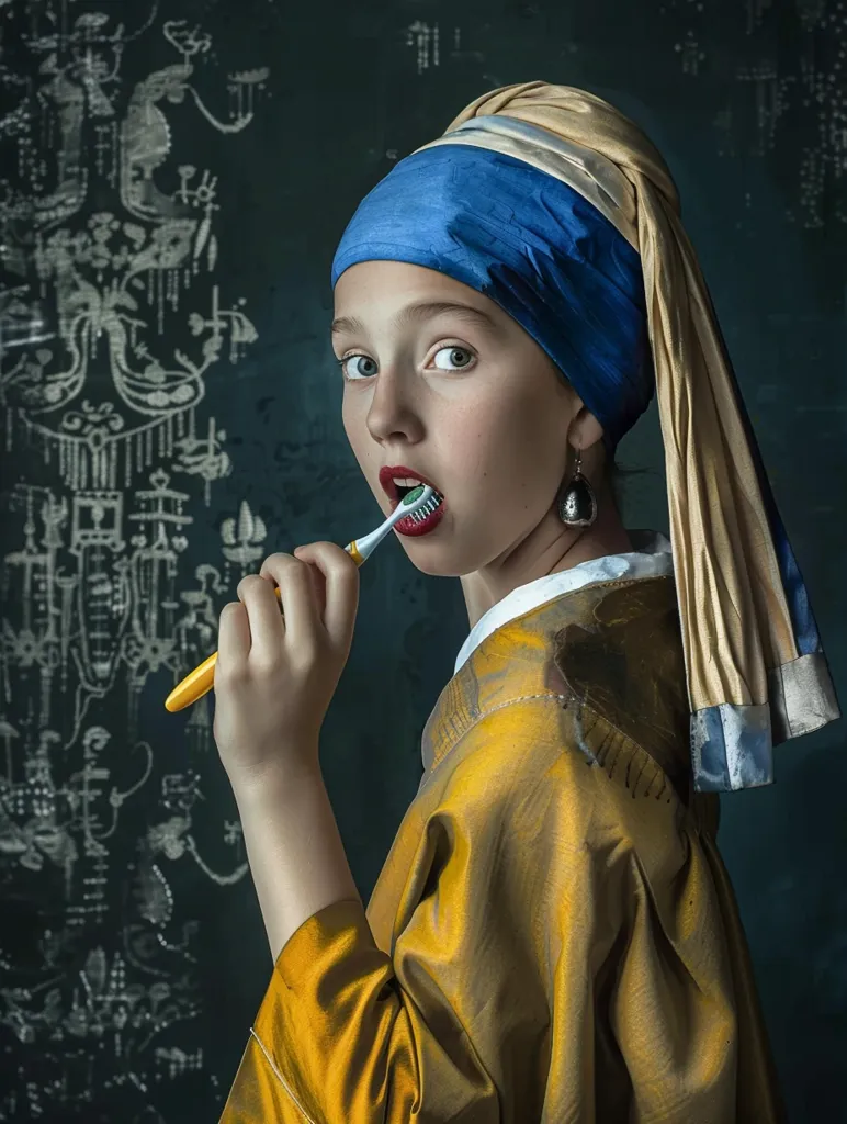 The photo is a recreation of the famous painting "Girl with a Pearl Earring" by Dutch artist Johannes Vermeer. The painting is done in a realistic style and depicts a young girl with a pearl earring. The girl is wearing a blue and gold turban and a yellow dress. She is looking at the viewer with a slightly open mouth. In this recreation, the girl is holding a toothbrush in her hand and brushing her teeth.