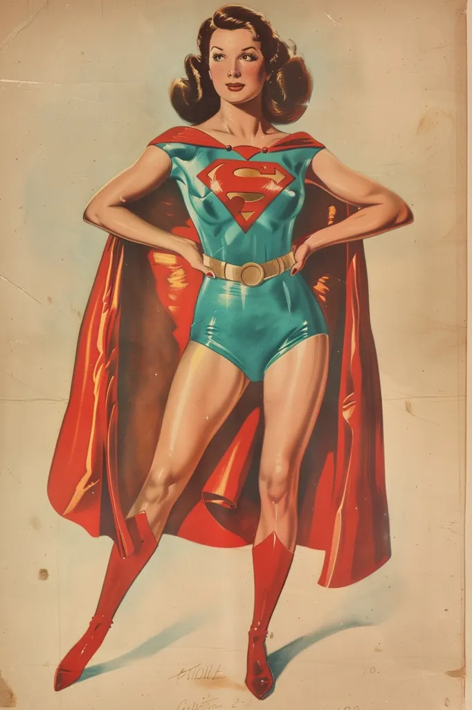 This is a poster of a female superhero. She is wearing a blue and red costume with a red cape. She has her hands on her hips and is looking at the viewer with a confident expression. She is standing in front of a white background.