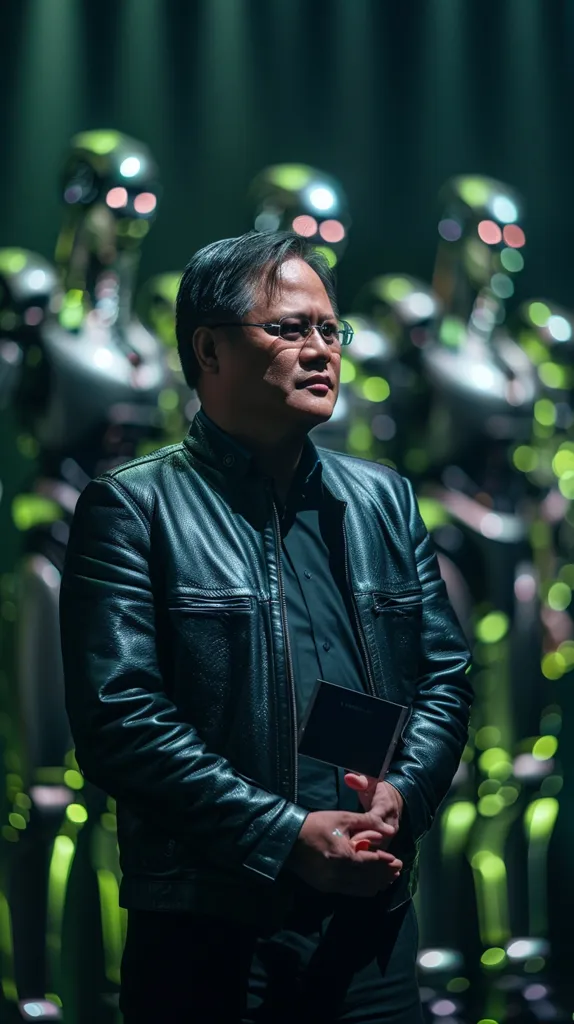 The photo shows Jensen Huang, the CEO of Nvidia, standing in front of a stage with a green background. He is wearing a black leather jacket and glasses. He is looking at the audience with a serious expression.