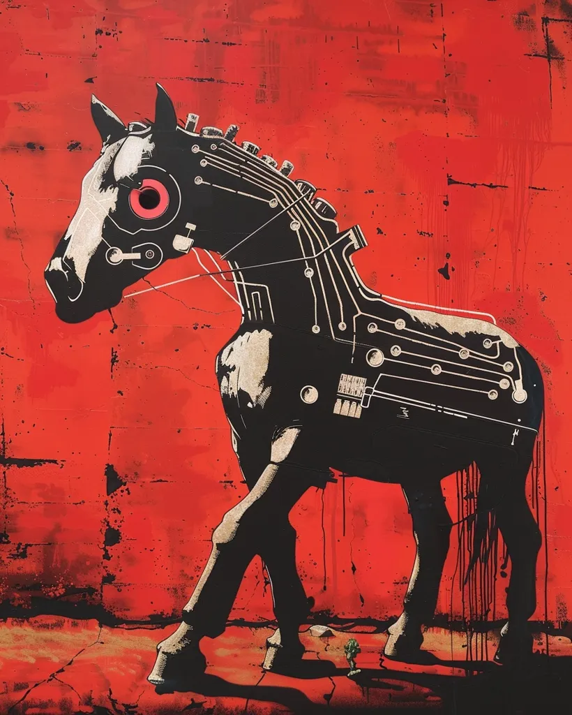 The image is a painting of a black horse with a red eye. The horse is wearing a black and gold harness that is made of electronic components. The background is a red brick wall. The painting is in a realistic style, and the artist has used shading to create depth and dimension. The image is a unique and interesting take on the traditional horse painting.