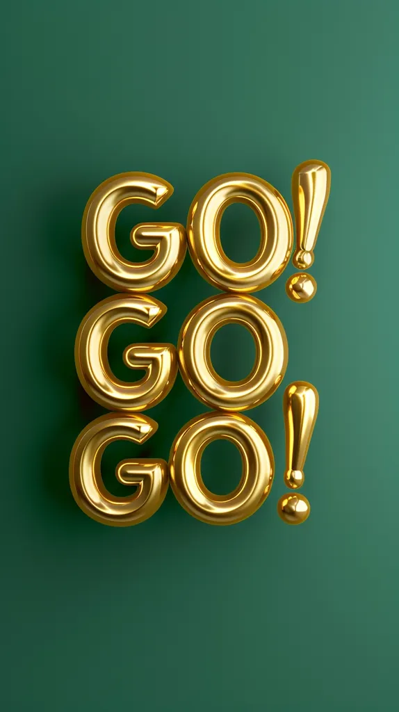 The image is a green background with the word "GO!" written in large, gold letters. The letters are 3D and have a shiny, reflective surface. The exclamation points are also gold and have a shiny, reflective surface. The image is simple and has a clean, modern look.