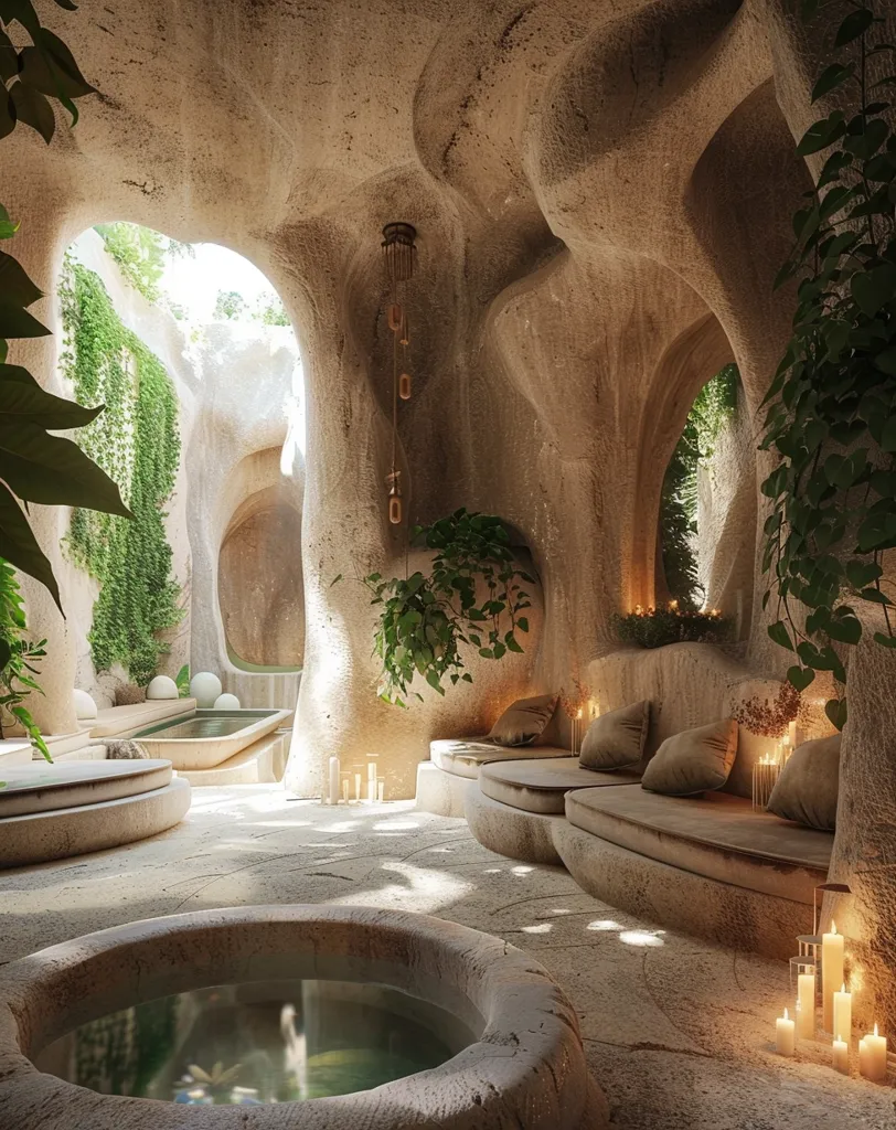 The image is showing a courtyard with a natural stone floor. There are several curved stone benches with pillows and cushions. There is a large round stone basin in the center of the courtyard with water flowing into it from a spout in the wall. There are several smaller basins around the edge of the courtyard. The walls are made of natural stone and there are plants growing on them. The ceiling is open to the sky. The courtyard is lit by candles and there is a soft glow from the sun.