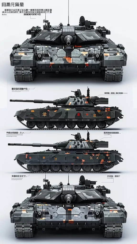 The image shows a Type 99A main battle tank. It is a Chinese third-generation main battle tank. The tank is armed with a 125 mm smoothbore gun and a coaxial 7.62 mm machine gun. The tank is also equipped with a 12.7 mm anti-aircraft machine gun. The Type 99A is a very mobile tank, with a top speed of 70 km/h. The tank is also very well-protected, with a composite armor hull and turret. The Type 99A is one of the most advanced main battle tanks in the world.