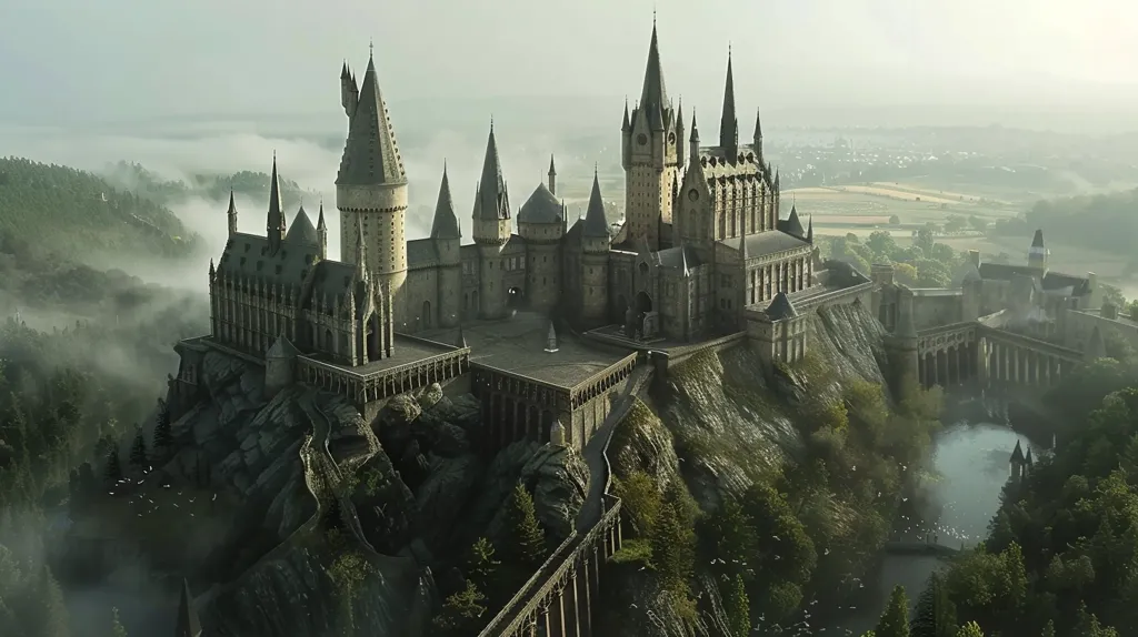 The image is of Hogwarts Castle, a fictional British boarding school of magic for students aged eleven to seventeen. The school is depicted as a large, ancient castle with many turrets and towers. It is surrounded by mountains and forests, and a lake. The castle is the setting for the Harry Potter series of novels and films.