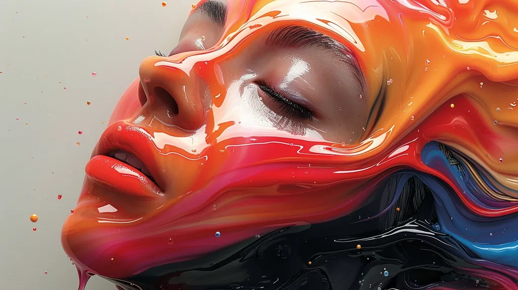 The image is a portrait of a woman with colorful liquid poured over her face. The liquid is orange, red, yellow, blue, and pink. It is dripping down her face and neck. The woman's eyes are closed and her lips are slightly parted. Her skin is pale and flawless. The background is white.
