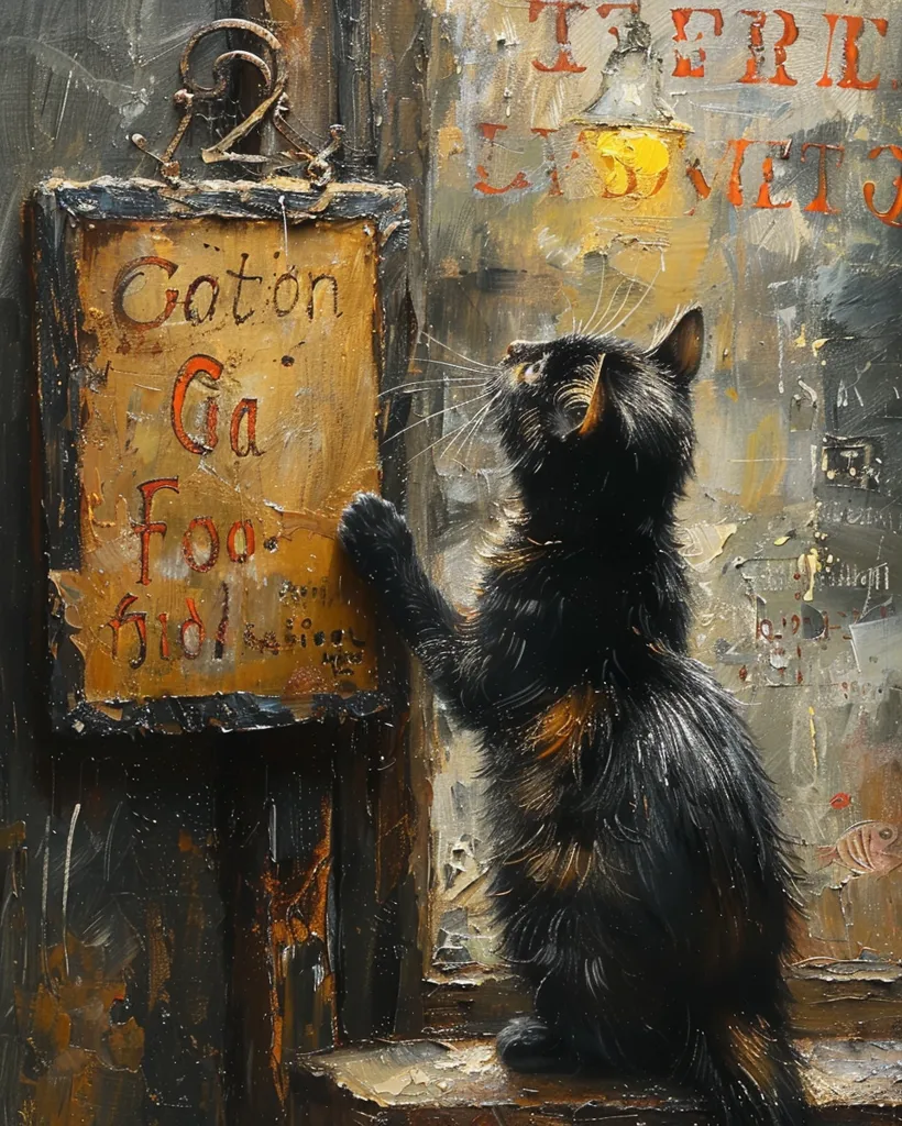 This is a painting of a black cat looking at a sign on a wall. The sign is written in French and says "Chaton Ga Foin". The cat has one paw on the sign and is looking up at it with curiosity. The painting is done in a realistic style and the artist has captured the cat's expression and curiosity well. The painting is also a good example of how light and shadow can be used to create a sense of depth and atmosphere.