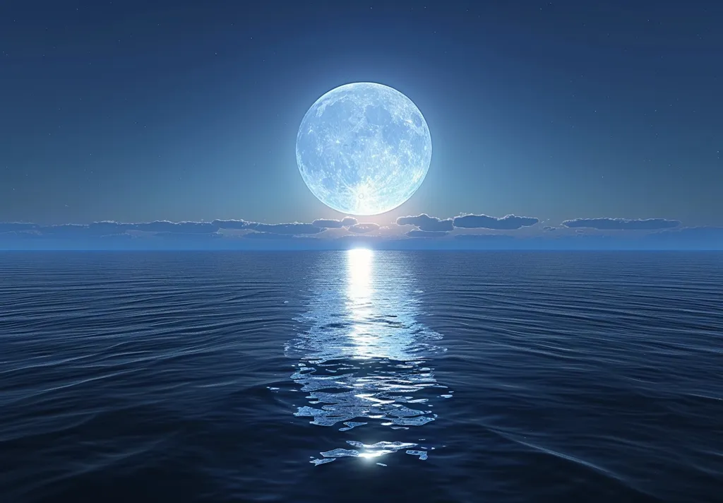 The full moon is rising over the ocean. The water is calm and still, reflecting the light of the moon. The sky is dark and clear, with a few clouds dotting the horizon. The moon is a beautiful sight, and it is easy to see why it has been a source of inspiration for poets and artists for centuries.