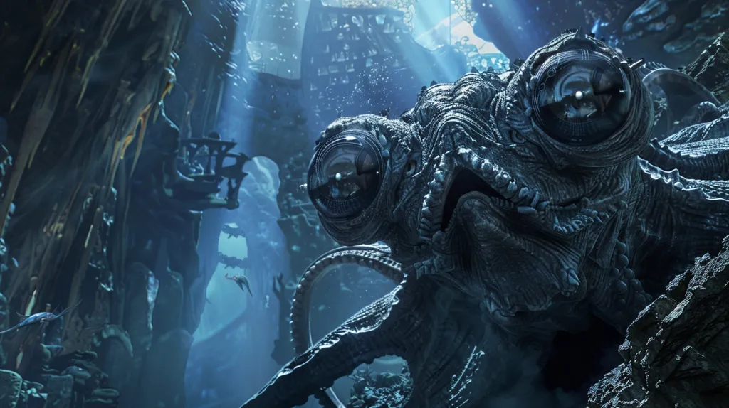 The image shows a giant alien creature with large eyes and a mouth full of sharp teeth. It is standing in a dark, underwater setting. The creature is surrounded by rocks and other debris, and there is a bright light shining down from above. The creature is looking at the camera with a look of curiosity and wonder.