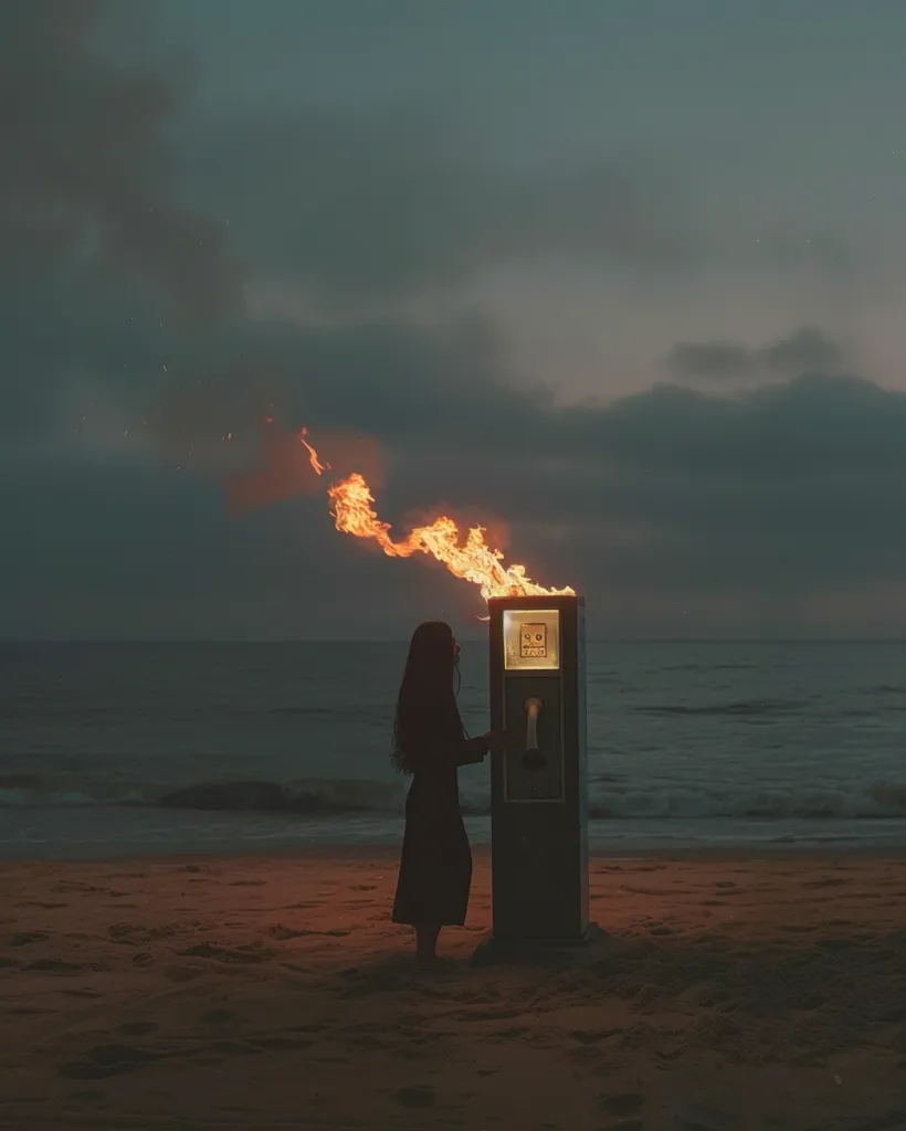 A woman stands on a beach, next to a payphone that is on fire. The flames are coming out of the phone and reaching up into the sky. The woman is wearing a long black dress and has long black hair. She is looking at the phone. The background is a dark ocean with a cloudy sky.