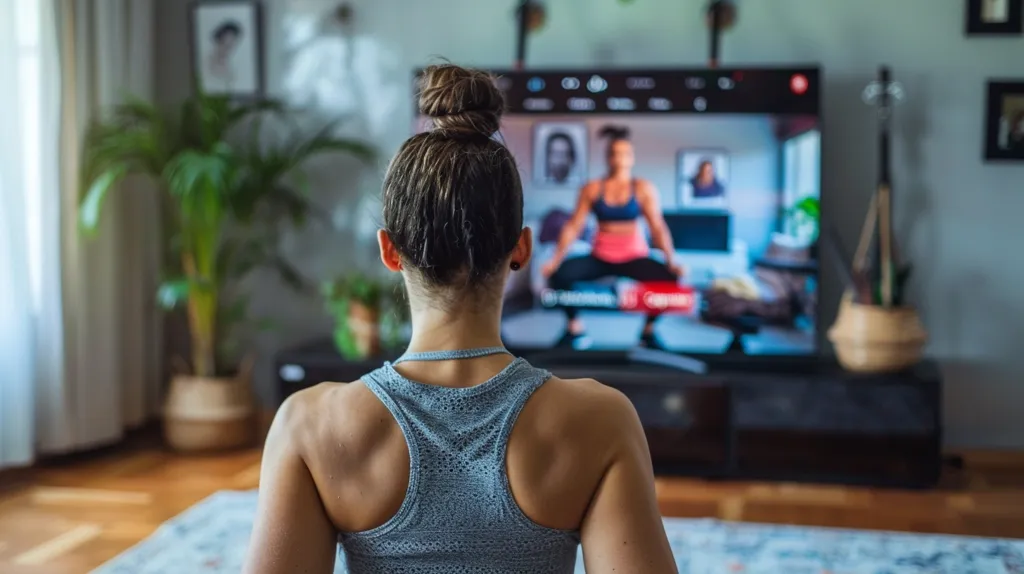 A young woman is doing a home workout in her living room. She is following a video on TV. She is wearing a gray sports bra and black leggings. Her hair is in a bun. The living room is decorated with a few plants and a rug.