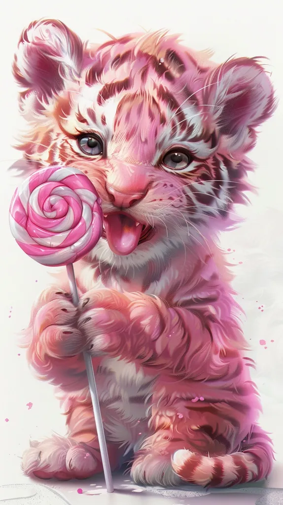 The image shows a cute pink tiger cub with big blue eyes. It is holding a pink and white lollipop in its mouth and looking at the viewer with a curious expression. The cub is sitting on a white background with a few pink paint splatters around it. The image is drawn in a realistic style and the fur of the cub is very detailed.