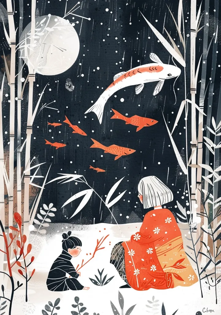 The image is a beautiful illustration of a snowy bamboo forest. The full moon is shining through the trees, and there are several red and orange fish swimming in the pond. A woman and a child are sitting on the edge of the pond, watching the fish. The woman is wearing a kimono, and the child is wearing a black and white outfit. The image is very peaceful and serene.