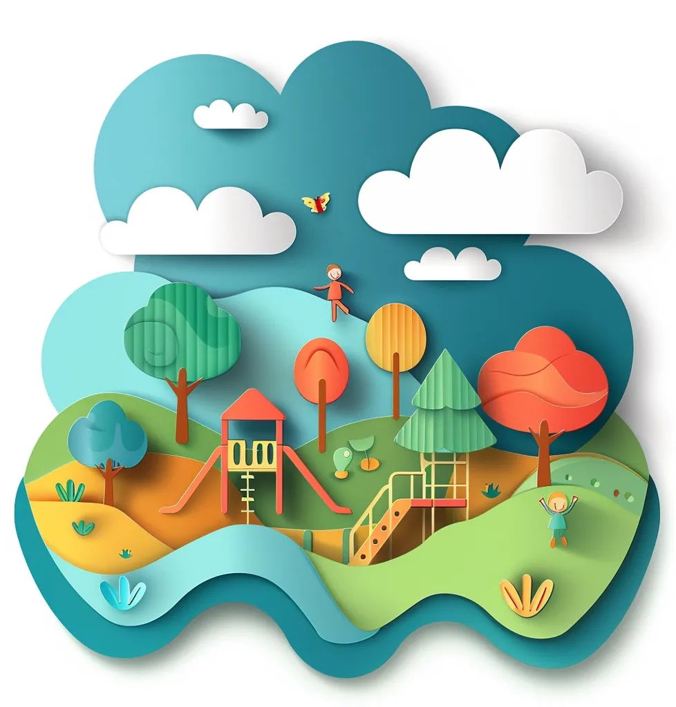 The image shows a playground with a slide, a climbing frame, and a swing. There are two children playing on the playground. One child is climbing up the climbing frame, and the other is going down the slide. There are also two trees and a butterfly in the image. The playground is surrounded by a fence. The image is made of paper cutouts.